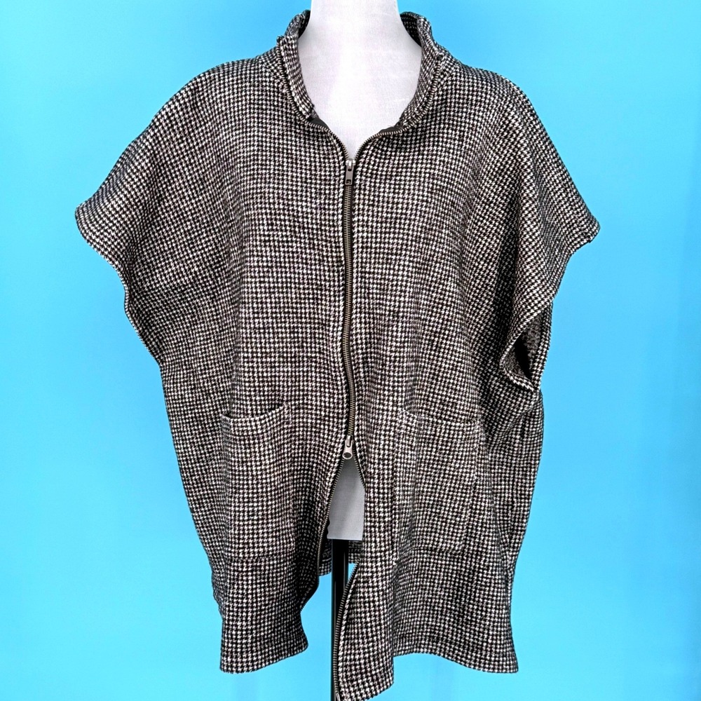 Bryn Walker Houndstooth‎ Wool Blend Double Zip Poncho Black White Made in USA